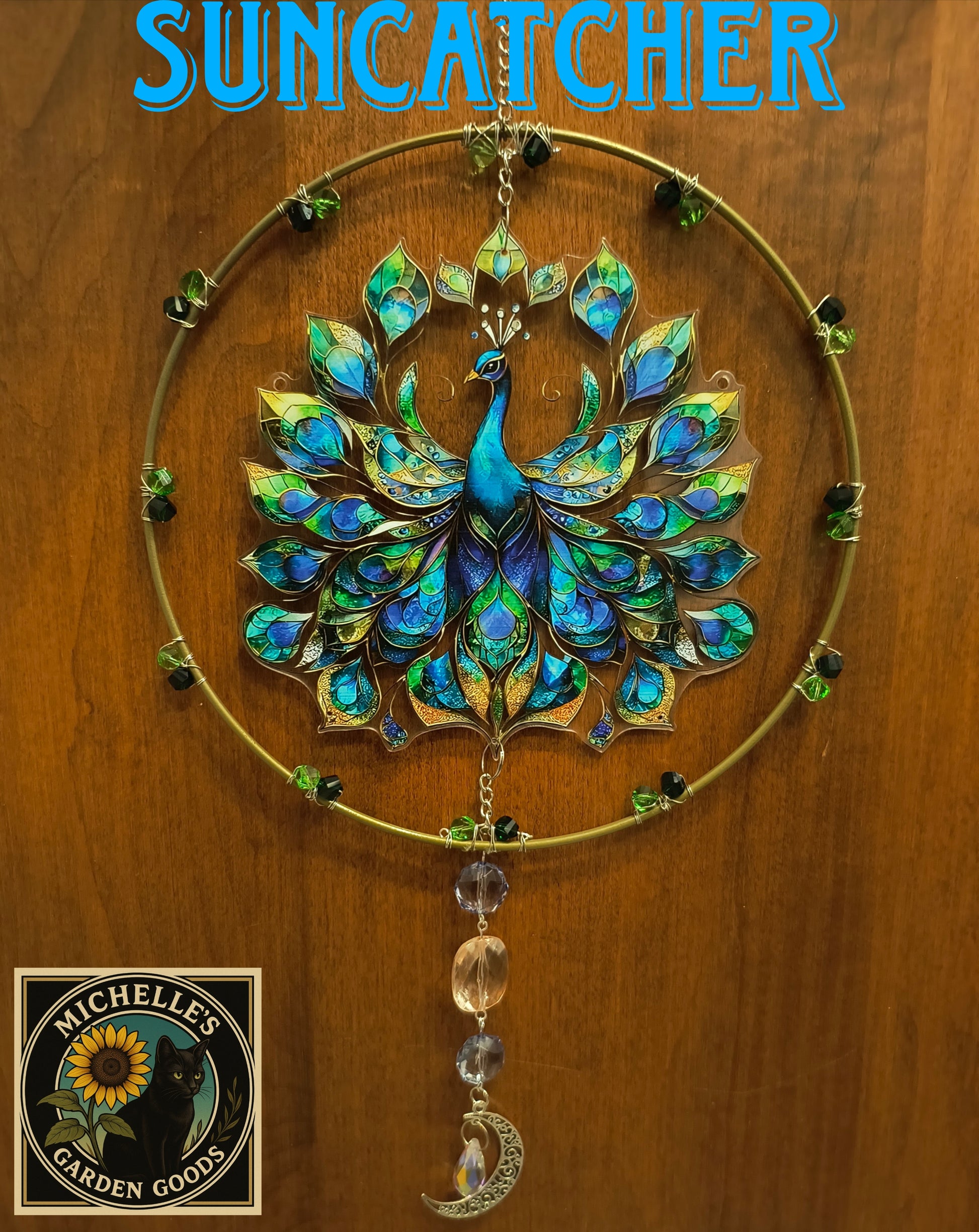 This beautiful Peacock Suncatcher spins in the middle with Crystal Beads. 
This Peacock Suncatcher 2D Acrylic With Crystal and Glass Beads. This Suncatcher will make The Room Explode in Prism Lights with it's Crystal Beads. Great for the Home or office Window or in the Garden.
Dimensions 12" x 8" x 2 mm. Weight 3.25 Oz.