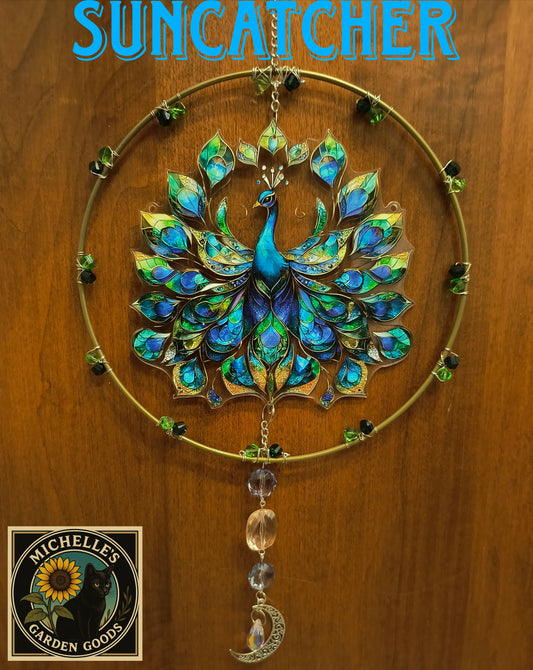 This beautiful Peacock Suncatcher spins in the middle with Crystal Beads. 
This Peacock Suncatcher 2D Acrylic With Crystal and Glass Beads. This Suncatcher will make The Room Explode in Prism Lights with it's Crystal Beads. Great for the Home or office Window or in the Garden.
Dimensions 12" x 8" x 2 mm. Weight 3.25 Oz.