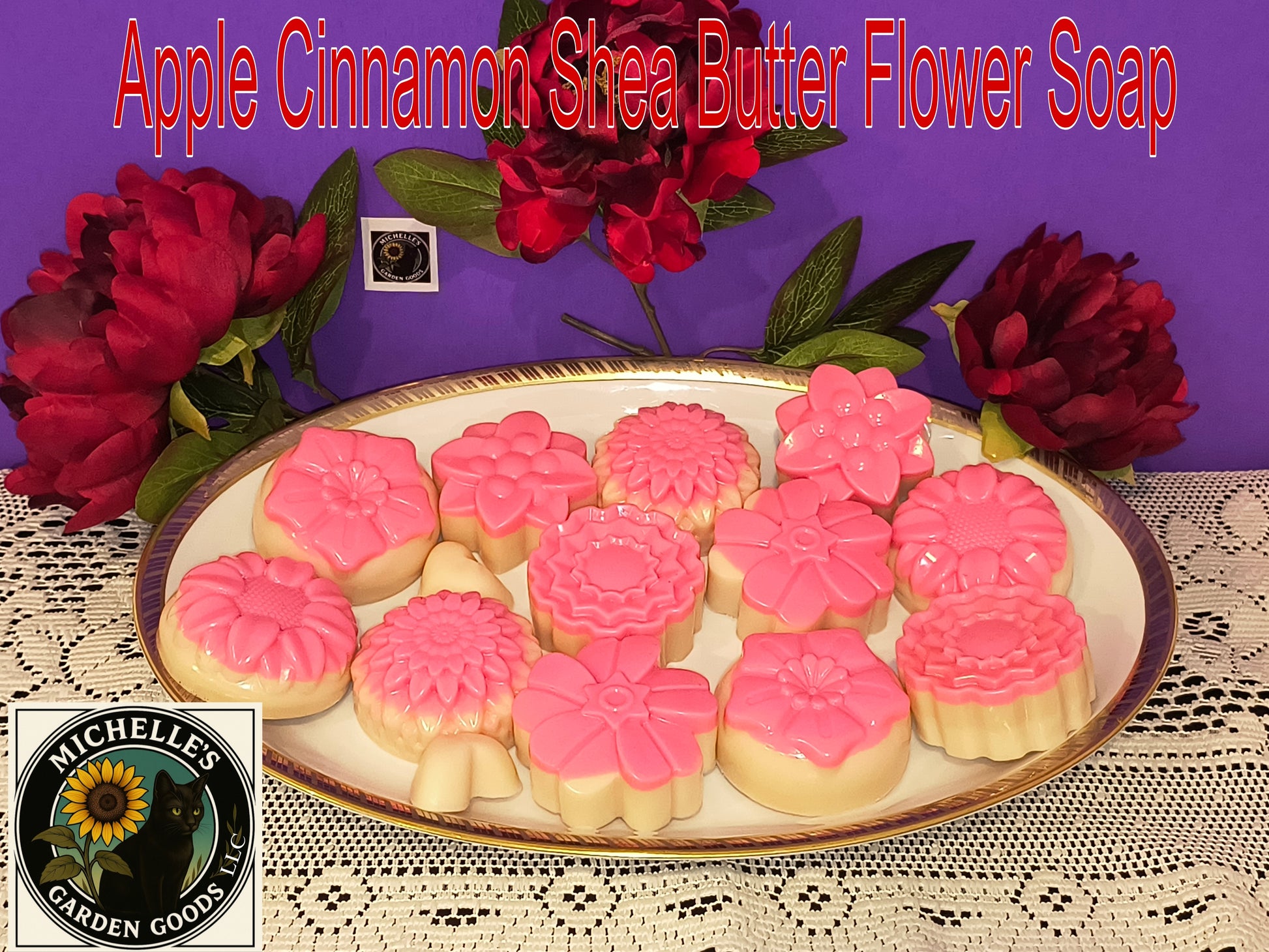 Ingredients: Shea Butter Soap Base, Infused Chamomile Flowers In Grapeseed Oil, Vitamin E Oil, Red and Gold Mica Powder, Apple Cinnamon Scent.
Very Moisturizing and Cleansing and mild to use. Comes with a Loofah Soap Bag.
Dimensions H 1.25" x L 2.75" x 2.75". Weight 3.50 oz.