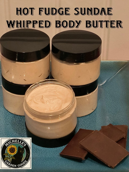 Hot Fudge Sundae Whipped Body Butter 
Ingredients: Shea Butter. Cocoa Butter. Elderberry Infused Jojoba Oil. Dead Sea Mud. Arrowroot. Fragrance. Vitamin E Oil.
Moisturizing, Soothing, Nourishing, Exfoliating with A Shine Of Sparkle to the Skin.
Dimensions H 2.50" x L 2.75" x W 2". Weight 2.50 Oz.