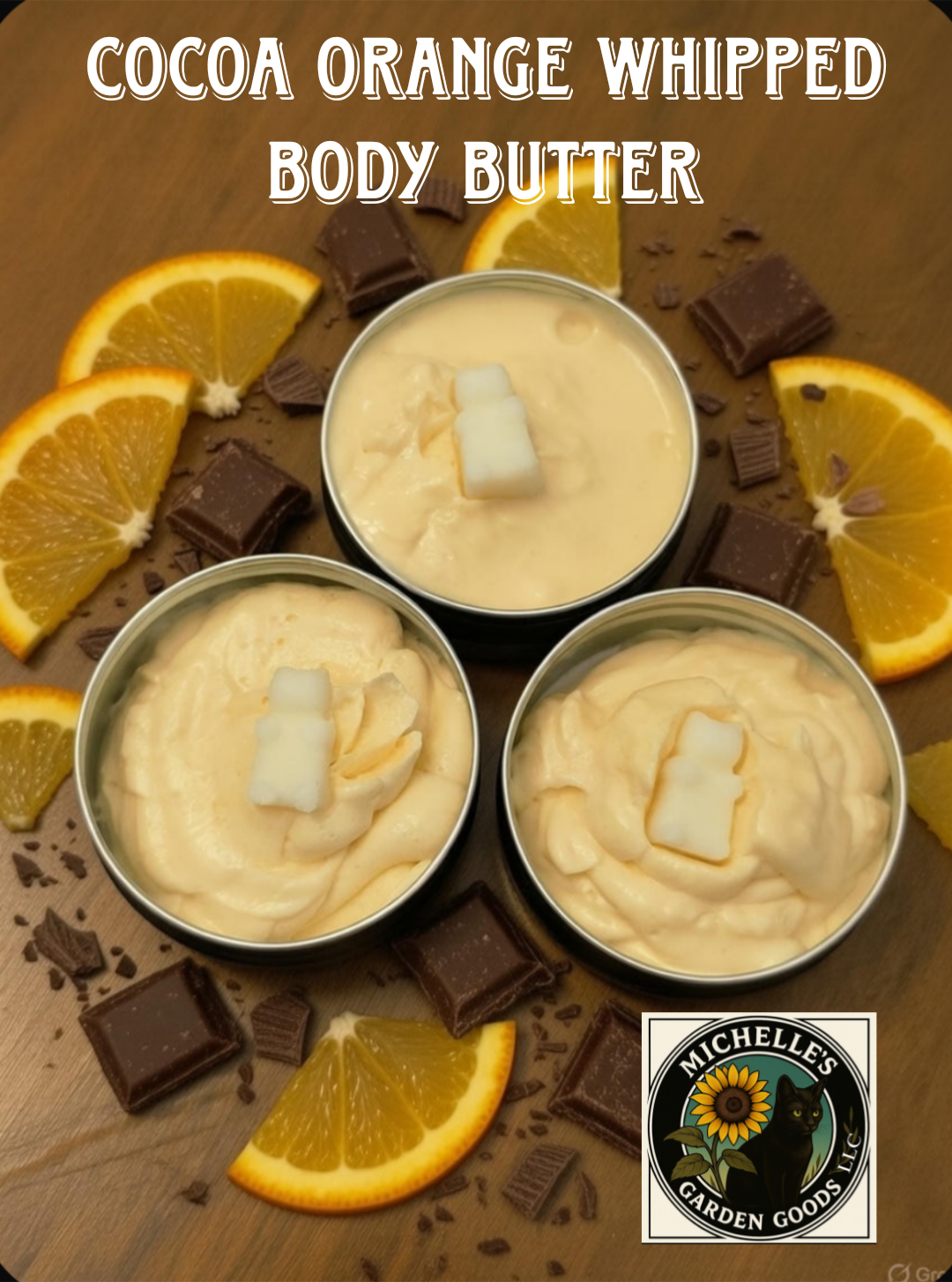 Ingredients: Cocoa Butter, Cupuacu Butter, Jojoba Oil, BTMS-50, C12-15 Alkyl Benzoate, Kaolin Clay, Arrowroot Powder, Polysorbate 80, Sweet Orange Fragrance and Orange Mica Powder.