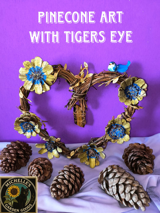 This Wreath is decorated with Handmade Pinecone Flowers with Charmed Bee's attached. The Wreath has a Large Tiger's eye in the Center. Tigers Eye is believed to enhance courage, self-confidence, and willpower, providing a sense of empowerment and protection against negative energies. Great for Home or Office Decor.
Dimensions 10" x 11" x 2". Weight 5.17 Oz.
