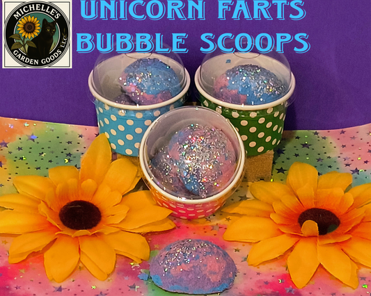Ingredients: Baking Soda, SLSA, Citrus Acid, Cream of Tartar, Unicorn Farts Fragrance, Infused Chamomile Flowers In Grape seed Oil and Polysorbate 80, Blue, Pink and Purple Mica Powder, Eco Friendly Biodegradable Glitter.
These Scoops Give A Wonderful Smell Like Smarties Candies. The colors are shimmering, the Chamomile flowers infused with the Grape Seed Oil leaves your skin so Moisturized and the glitter just shimmers.
Fun for the Tub. Scoops do fizz but slowly. These do have oils in them so pleas