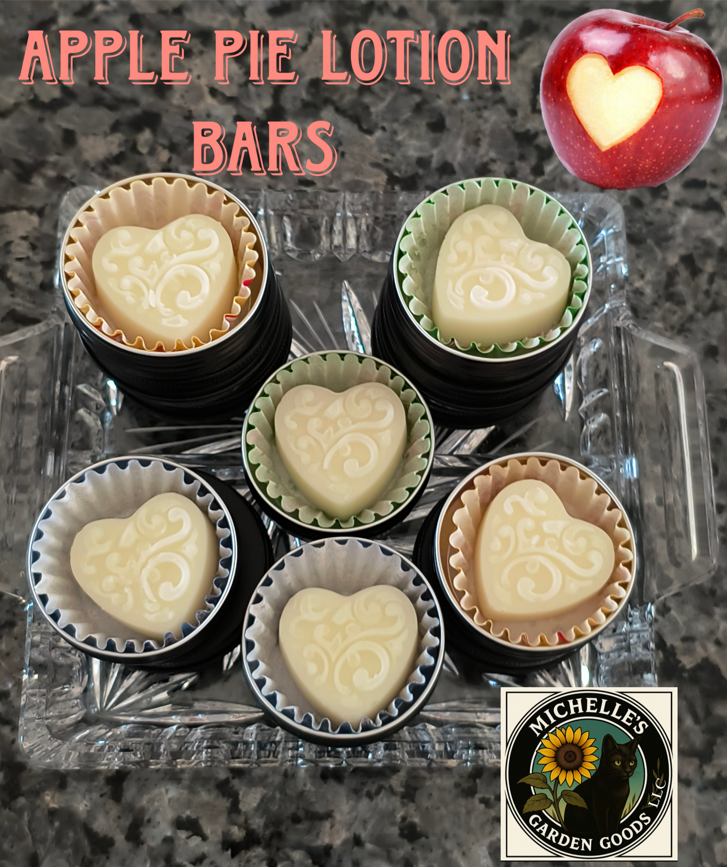 Apple Pie Lotion Bars
Hold in your hands to allow all the wonderful butters and oils to start to melt then apply to your dry skin areas. Or just run the bar where you need it.
Great for travel or for your purse.
Ingredients: Shea & Mango Butter, Sunflower Oil, Stearic Acid, Cetyl Alcohol, Vitamin E Oil, Apple Pie Fragrance. .40 Oz