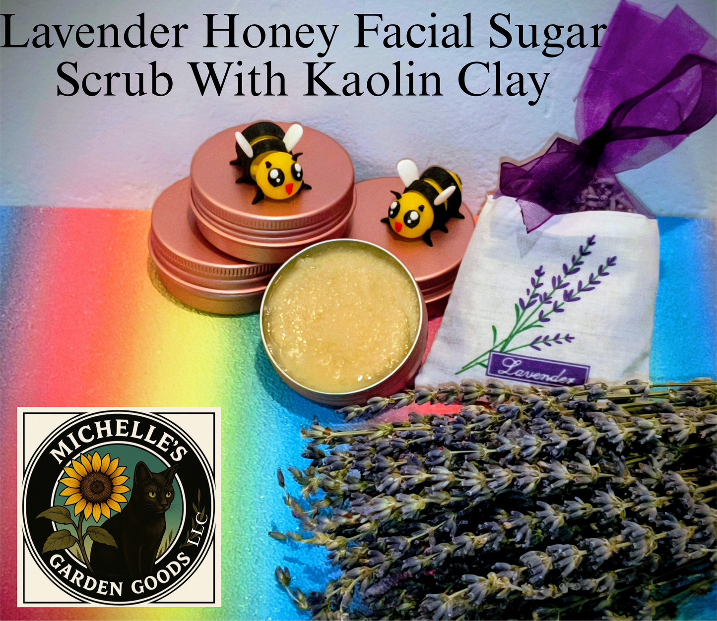 Lavender Honey Facial Sugar Scrub With Kaolin Clay.
Ingredients: Dried Lavender infused with Almond Oil. Granulated Sugar. Honey. Kaolin Clay. Vitamin E. Lavender Fragrance.
 
Great Facial Scrub for exfoliating with the sugar and Clay. The oils left on your face after the scrub leaves you feeling so soft and smooth. Incredible calming feeling with the Lavender scent.
Dimensions H 2" x L 2" x W .75". Weight 1.5oz