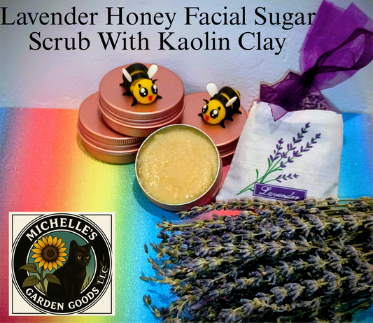 Lavender Honey Facial Sugar Scrub With Kaolin Clay.
Ingredients: Dried Lavender infused with Almond Oil. Granulated Sugar. Honey. Kaolin Clay. Vitamin E. Lavender Fragrance.
 
Great Facial Scrub for exfoliating with the sugar and Clay. The oils left on your face after the scrub leaves you feeling so soft and smooth. Incredible calming feeling with the Lavender scent.
Dimensions H 2" x L 2" x W .75". Weight 1.5oz