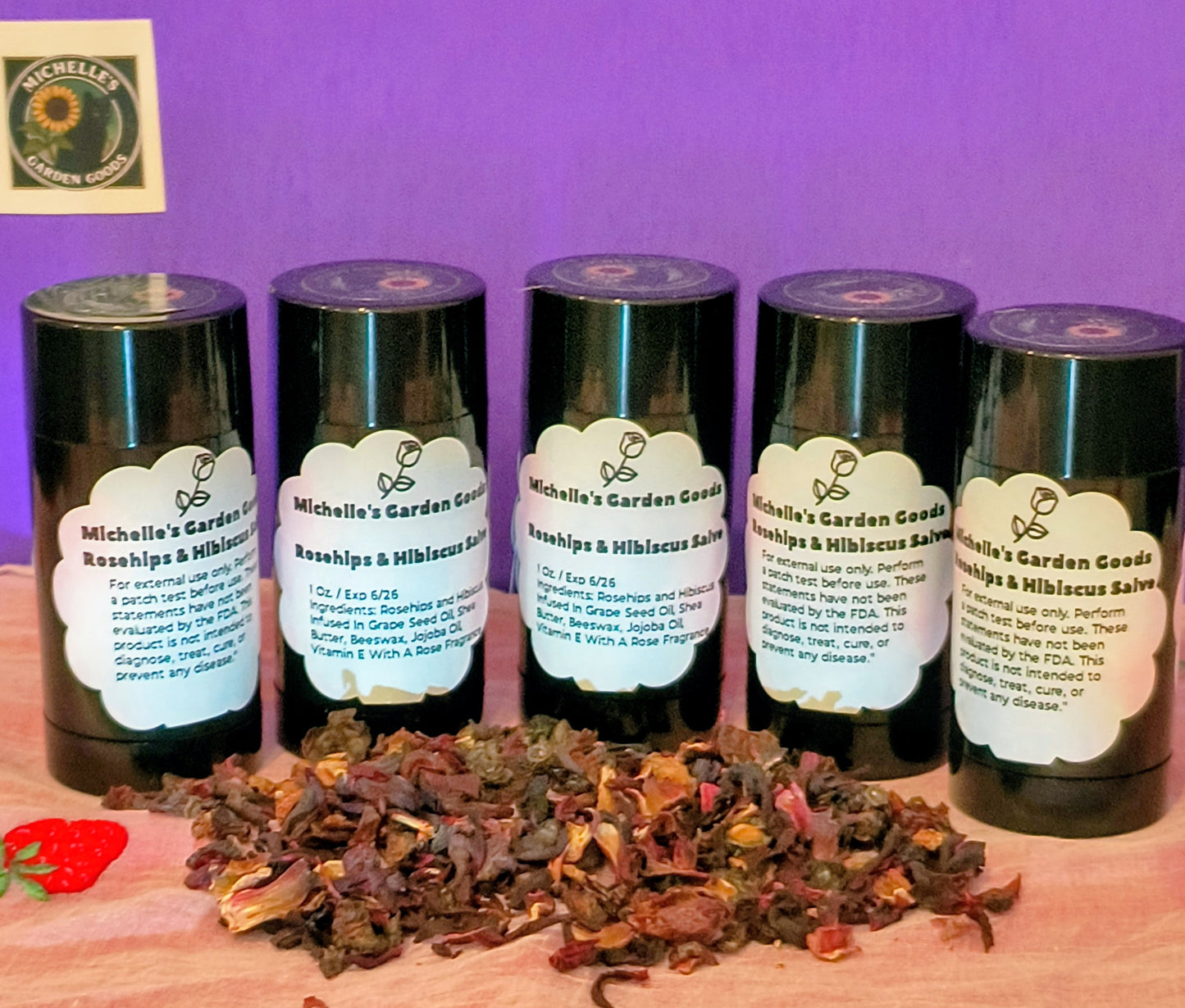 Rosehips & Hibiscus Salve in a Roll On Container.
Great for Dry Skin. Very Soothing, Moisturizing and Healing.
Ingredients: Infused Rosehips and Hibiscus In Grape Seed Oil, Shea Butter, Jojoba Oil, Beeswax, Vitamin E Oil. In A Beautiful Rose Fragrance
Dimensions H 3" x L 1.5" x W 1.5". Weight 1 oz.