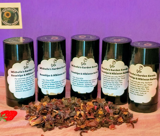 Rosehips & Hibiscus Salve in a Roll On Container.
Great for Dry Skin. Very Soothing, Moisturizing and Healing.
Ingredients: Infused Rosehips and Hibiscus In Grape Seed Oil, Shea Butter, Jojoba Oil, Beeswax, Vitamin E Oil. In A Beautiful Rose Fragrance
Dimensions H 3" x L 1.5" x W 1.5". Weight 1 oz.