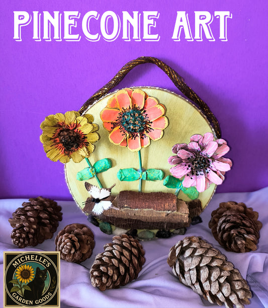 This Flower Pinecone Art Wall Mount is all Handmade out of Pinecones, Tree Bark and Fine Stones. This Home Decor will Brighten Up any Room. 
Dimensions 10" x 10" x 3". Weight 11.48 Oz.