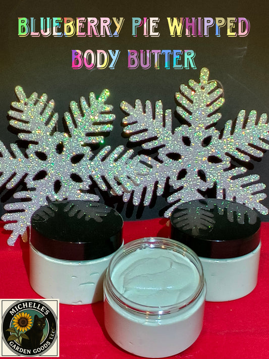 Blueberry Pie Whipped Body Butter 
Mango Butter, Kokum Butter, Calendula and Mugwort infused Avocado Oil, Castor Oil, Vitamin E Oil, Arrowroot Powder, Baby Blue Mad Mica Powder and Blueberry Pie Fragrance.
3 Oz.