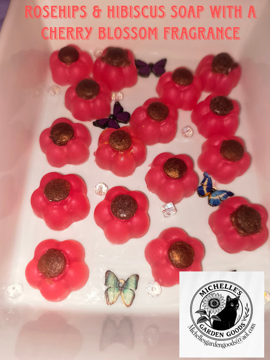 5 to 8 Mini Floral or Heart Shaped Soaps Per Box Totaling 3 Oz.
Ingredients: Soap Base, Rosehips and Hibiscus Grape seed Oil. Shea Butter. Cocoa Butter. Vitamin E Oil. Cherry Blossom Fragrance. Pink Mica powder.
Great For Bathroom Decor. Moisturizing, Cleansing and Nourishing For Your Skin.
Dimensions H 1" x L 7.5" x W 4". Weight 3 Oz.