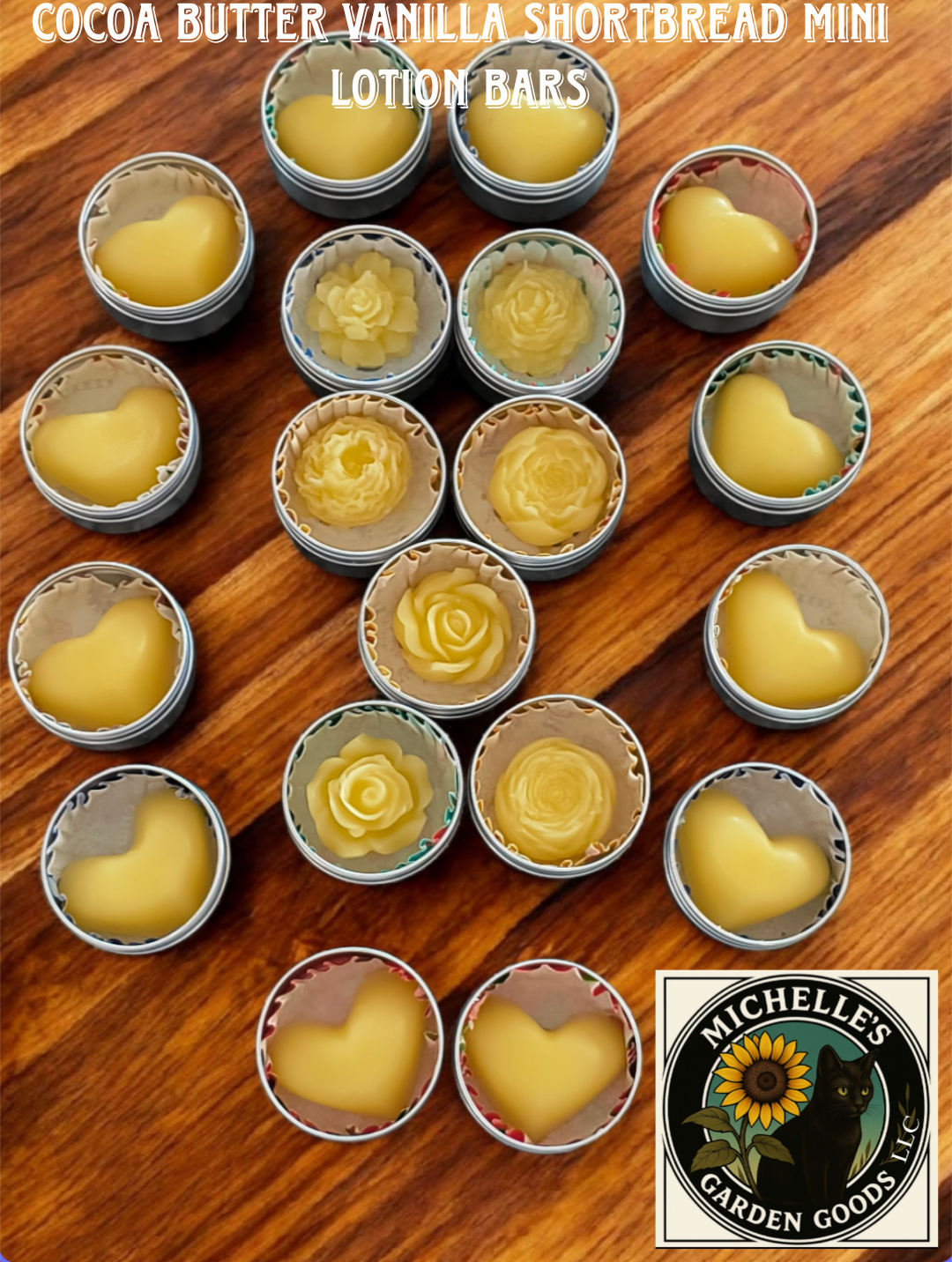 Cocoa Butter Mini Lotion Bars
Using Raw Unrefined Cocoa Butter. These bars you hold between your hand to let the butter melt then use wherever your skin is dry.
Very Moisturizing and Soothing.
Ingredients: Cocoa Butter, Tucuma Butter, Jojoba Oil, Stearic Acid, Cetyl Alcohol, Vitamin E Oil, Vanilla Shortbread Fragrance. 0.80 Oz