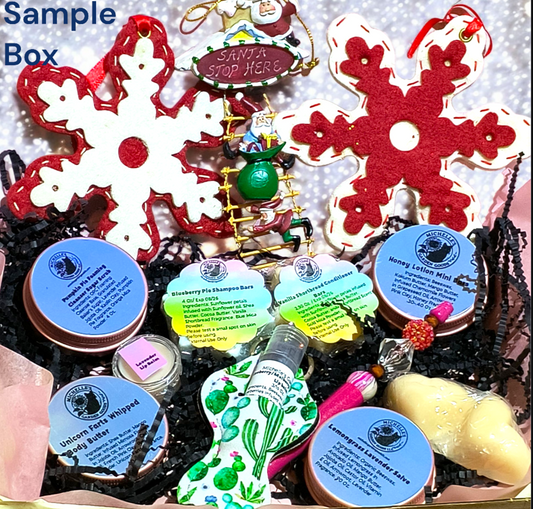 This Skin Care Sample Box is a little bit of everything from Michelle's Garden Goods Skin Care Products 
Unicorn Farts Whipped Body Butter 
Ingredients: Shea Butter. Mango Butter. Infused Mimosa Flowers in Jojoba Oil. Arrowroot. Castor Oil. French Pink Clay. Pink Mica Powder. Unicorn Farts Fragrance. .60 oz
Pumpkin Pie Foaming Cleanser Sugar Scrub 
Ingredients: OPC Foaming Cleanser Base, Granulated Baker's Sugar, Lavender infused Jojoba Oil, Kaolin Clay, Pumpkin Pie Fragrance, Orange Mica
