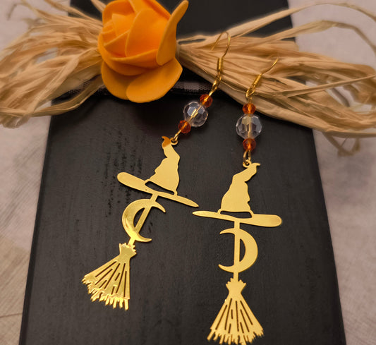 Red And Crystal Glass Beads with Large Witch Hat and Broom Earrings / Gold color
These are perfect for Fall or Halloween 
Dimensions H 3.5" x L 1" x W .25". Weight 0.15 Oz. 