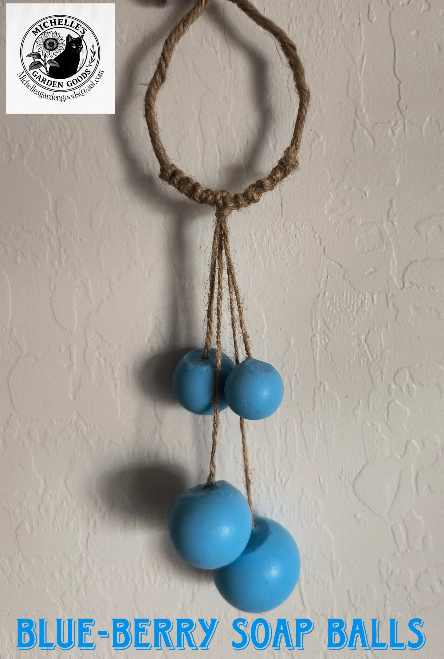 These Blue Soap Balls hang from the sink faucet. No need to touch anything else but those Blue Balls for a fresh clean up.
Leaving your hands smelling like Blueberry Pie.
Ingredients:
Oatmeal Soap base, Shea butter, Cocoa Butter and Vitamin E Oil. Fragrance Blueberry Pie. Blue Mica Powder.
Dimensions H 2.5" x L 3" x W 1.5". Weight 3 Oz.