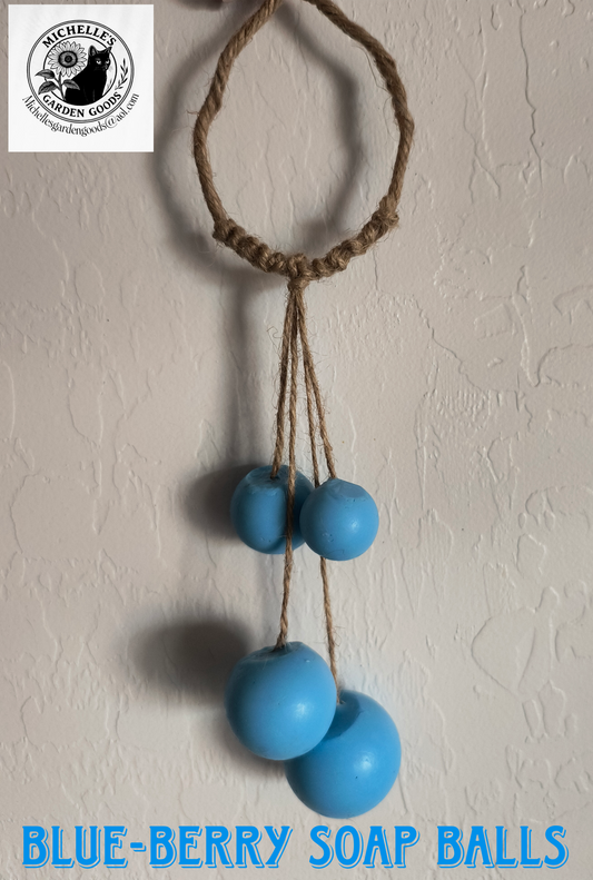 These Blue Soap Balls hang from the sink faucet. No need to touch anything else but those Blue Balls for a fresh clean up.
Leaving your hands smelling like Blueberry Pie.
Ingredients:
Oatmeal Soap base, Shea butter, Cocoa Butter and Vitamin E Oil. Fragrance Blueberry Pie. Blue Mica Powder.
Dimensions H 2.5" x L 3" x W 1.5". Weight 3 Oz.