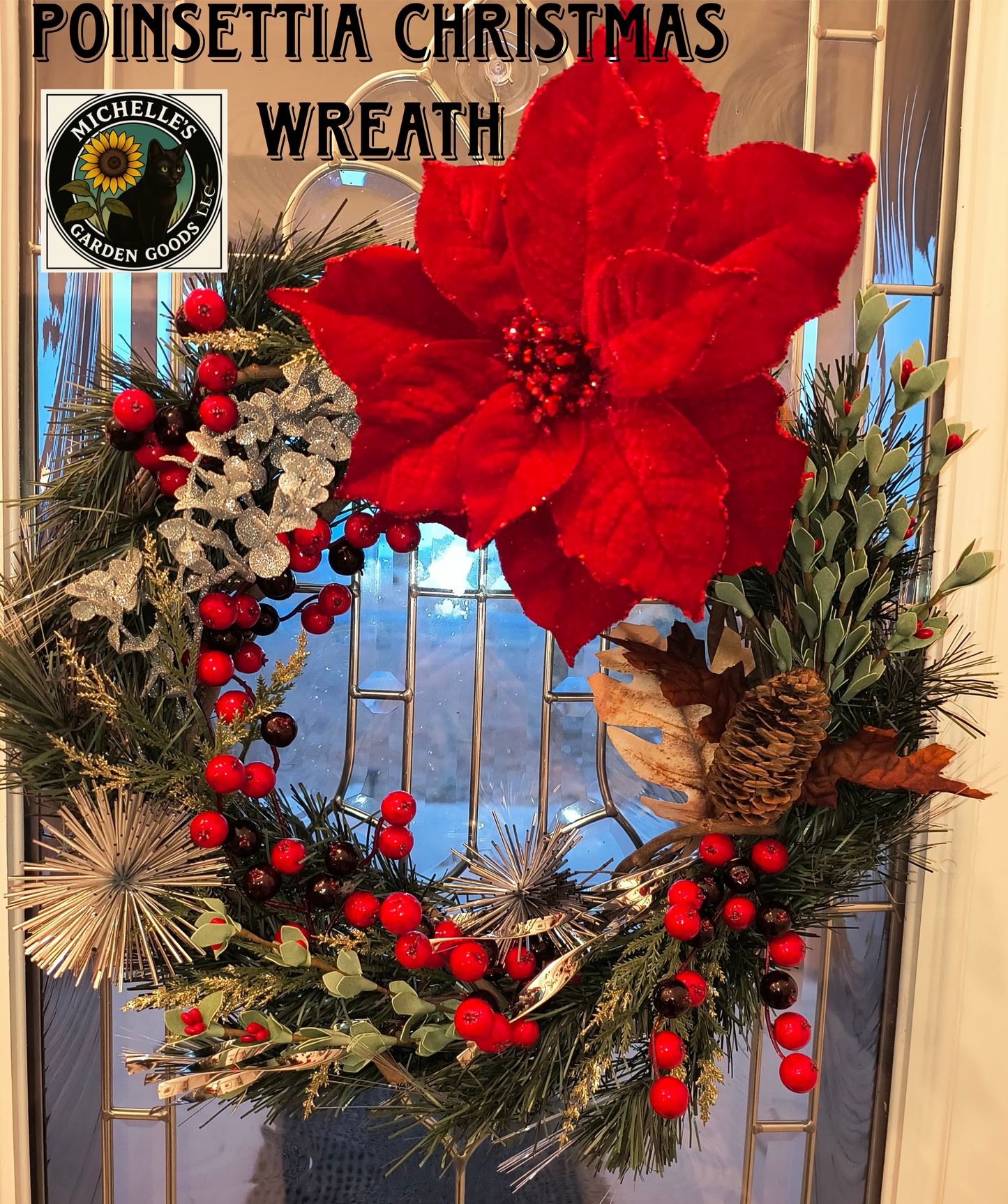 This Decorative Poinsettia Christmas Wreath would look fantastic on your door or inside your house for the Holidays!
20"x20"x5"