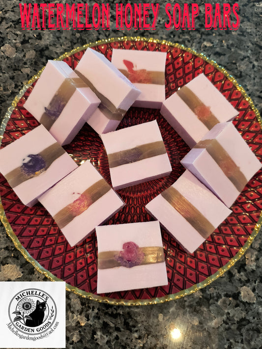 Ingredients: Honey Soap Base, Sunflower petals infused with Sunflower oil. Cocoa Butter. Olive oil. Glycerin. Watermelon Fragrance. Pink, Purple and Gold Mica Powder.
Moisturizing, Soothing and Cleansing Bar. 
Dimensions H 3" x L 2.75" x W 1.25". Weight 4 Oz.