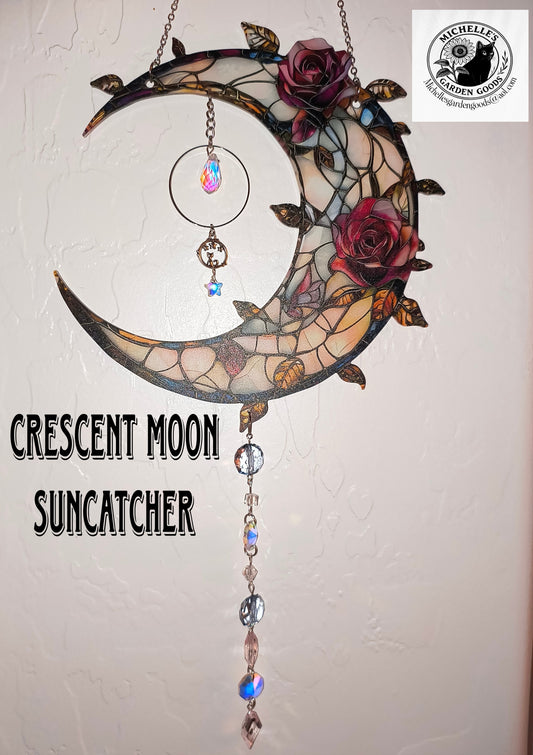 Crescent Moon Suncatcher 2D Acrylic With Crystal and Glass Beads. This Suncatcher will make The Room Explode in Prism Lights with it's Crystal Beads. Great for the Home or office Window or in the Garden.
Dimensions 14" x 8" x 1 mm. Weight 1.98 Oz.