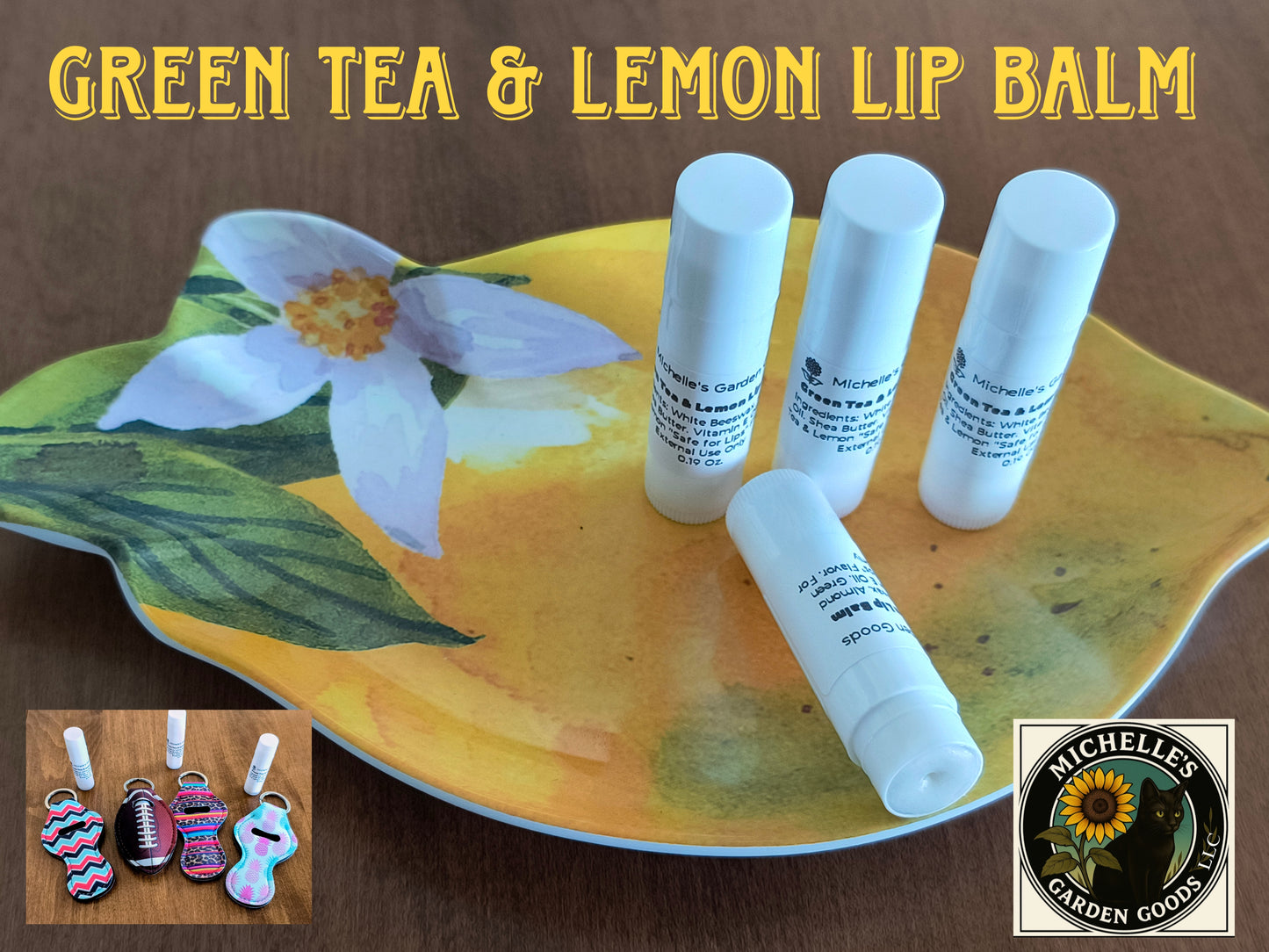 Green Tea & Lemon Lip Balm with Decorative Keychain Holder
Look stylish with the Decorative Keychain Holder and keep those lips moist with the Lip Balm.
Ingredients: White Beeswax. Almond Oil. Shea Butter. Vitamin E Oil. Green Tea & Lemon "Safe for Lips" Flavor. For External Use Only
0.19 Oz.