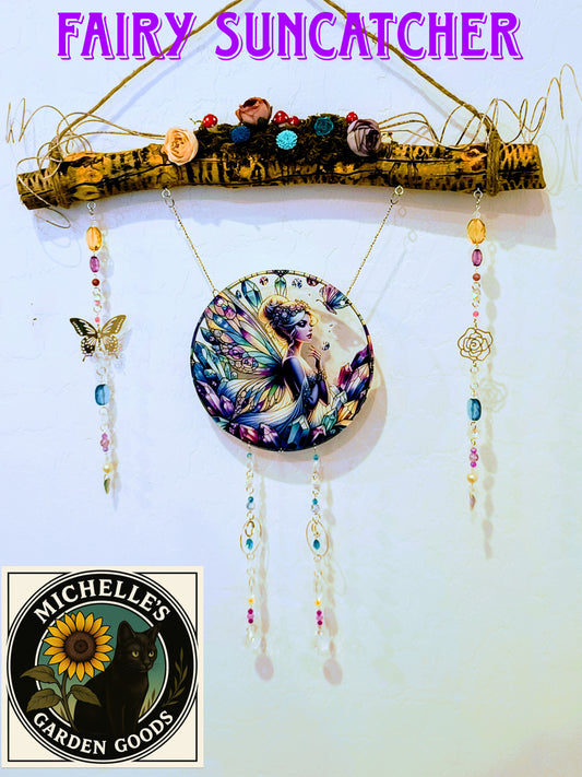 This beautiful piece has a wooden branch holding the piece together. With a mystical top part of moss, flowers and mushrooms to give the Fairyland feel. The gorgeous display of prism lights from the Crystal beads is spellbound. 
Dimensions 21" x 23" x 1.5". Weight 20 Oz.