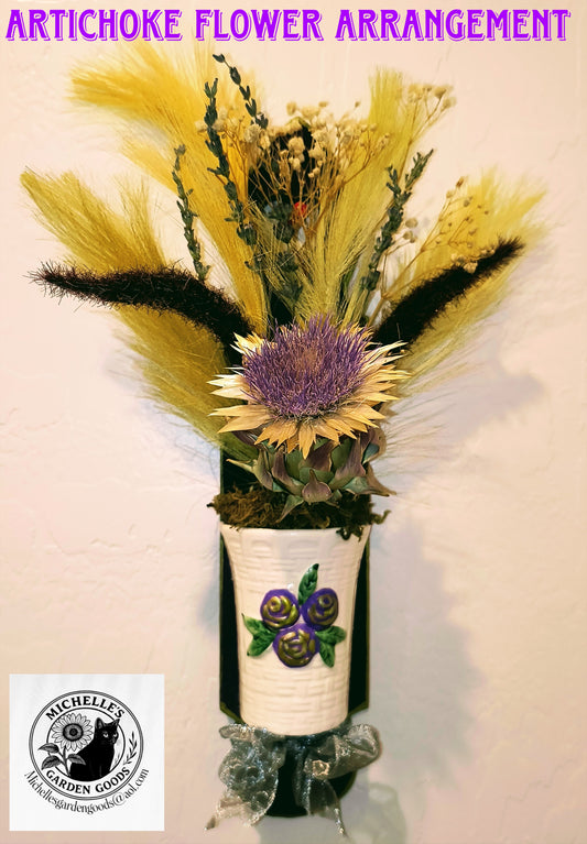 Dried Artichoke flower arrangement with a decorative vase on a wooden background, featuring hand painted Flowers.