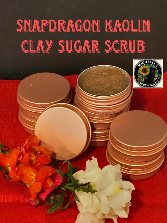 Ingredients: Organic Cane Sugar, Kaolin Clay, Almond Oil infused in Snapdragon flowers.
This is a hard exfoliating scrub. Great for body or feet. 
1.50 Oz.