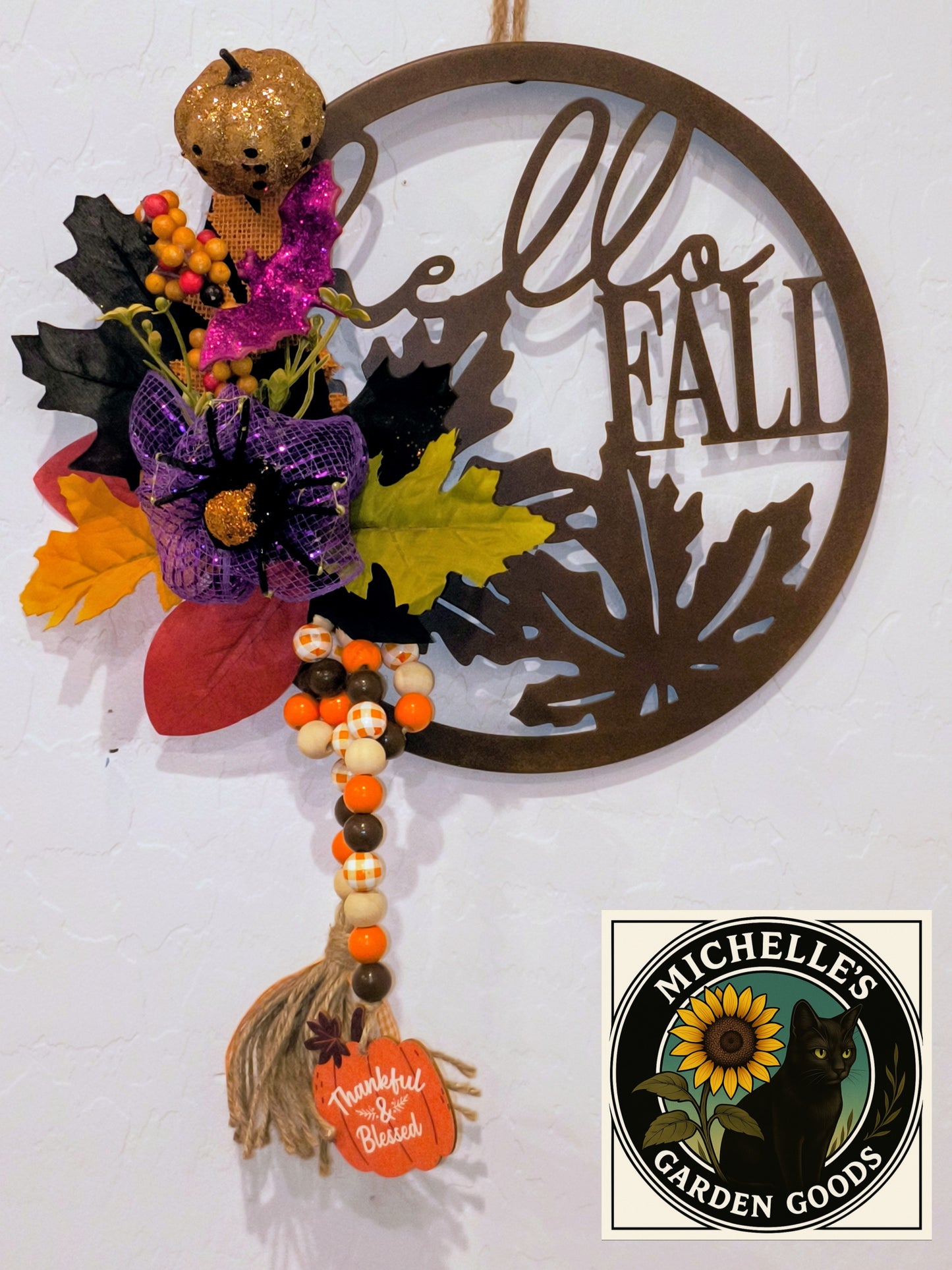 Hello Fall" Metal Cutout Wall Hanging with Autumn Floral And Halloween Decor. Great for the Home or Office.
Dimensions 18" x 15" x 4". Weight 13.09 Oz. 