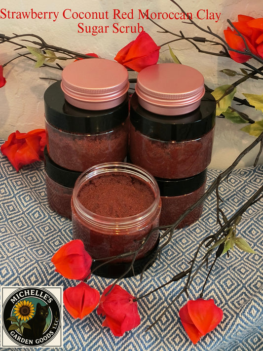 This Sugar Scrub is Great for Detoxify, Exfoliating and moisturizing. 
Ingredients: Coconut oil, Infused Lavender Almond Oil, Sugar, Powdered Strawberries, Castor Oil, Vitamin E Oil, Red Clay Moroccan Clay and Strawberry/Coconut Cream Fragrance 
Dimensions H 2.75" x L 2.75" x 2". Weight 4 oz.
