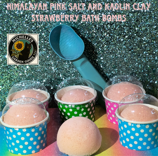 Himalayan Pink Salt and Kaolin Clay Strawberry Bath Bombs. Half Scoop in each Ice Cream Container.
A wonderful soak for aches and Pains. You can use it directly on the skin. The Clay and salts combined are great for exfoliating. Enjoy that Strawberry Scent as your bathwater Shimmers. They are very compact and will last the whole bath. 
Ingredients: Baking Soda, Citric Acid, Pink Himalayan Fine Salt, Kaolin Clay, SLSA, Arrowroot Powder, Cream of Tartar, Grape Seed Oil, Polysorbate 80, Strawberry Fragran