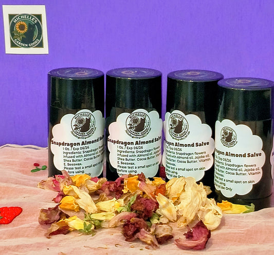 Snapdragon Almond Salve in a Roll On Container
This smells like a almond French pastry!
Ingredients: Snapdragon flowers infused with Almond oil. Jojoba oil. Shea Butter. Cocoa Butter. Vitamin E. Beeswax. 
Dimensions H 3" x L 1.5" x W 1.5". Weight 1 Oz.