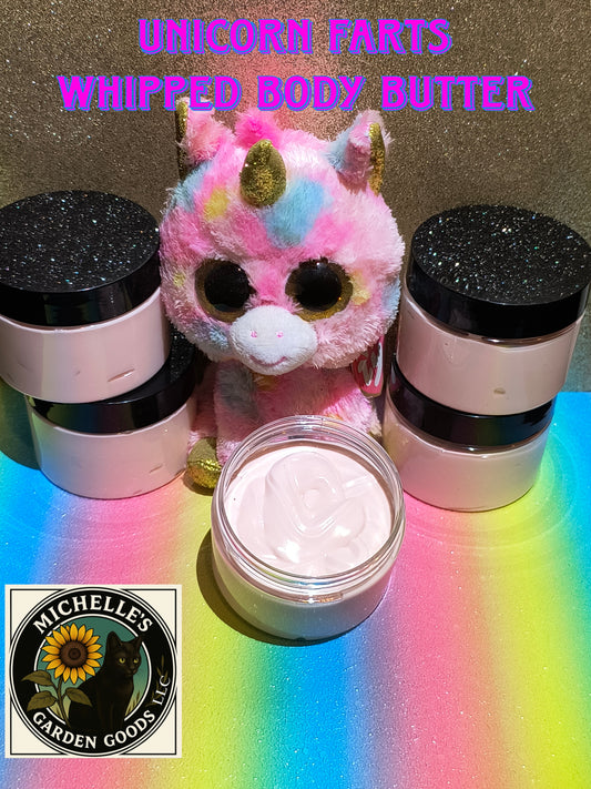 Unicorn Farts Whipped Body Butter 
Ingredients: Shea Butter. Mango Butter. Infused Mimosa Flowers in Jojoba Oil. Arrowroot. Castor Oil. French Pink Clay. Pink Mica Powder. Unicorn Farts Fragrance. 
 Moisturizing, Soothing, Nourishing, Exfoliating with A Shine Of Sparkle to the Skin.
Dimensions H 2.50" x L 2.75" x W 2". Weight 2.50 Oz.