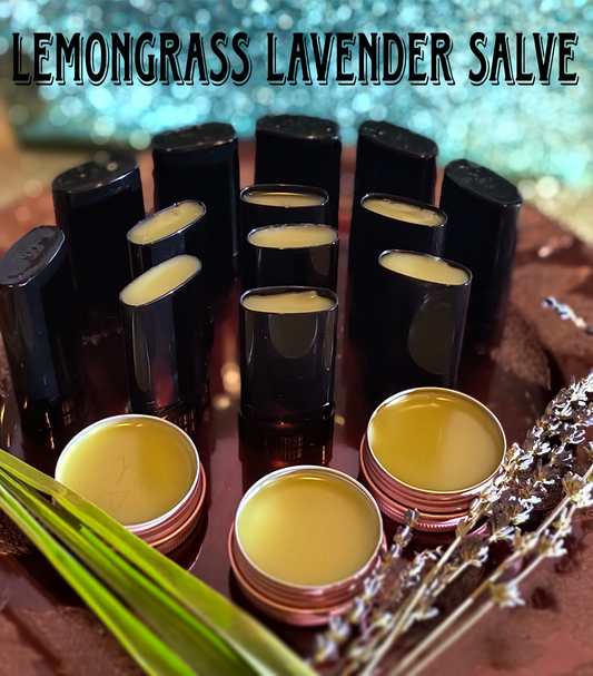 This is a great Salve for Moisturizing, Soothing and Nourishing. The fresh lemongrass used from our garden smells so wonderful with hints of Lavender. 
I put on my sore, dry feet at the end of the night. 
Ingredients: Organic Beeswax. Infused Lemongrass In Avocado Oil. Mango Butter. Jojoba Oil. Castor Oil. Vitamin E Oil. Arrowroot. Lavender Fragrance. 
Dimensions H 3" x L 1.5" x W .5". Weight 0.40 0z