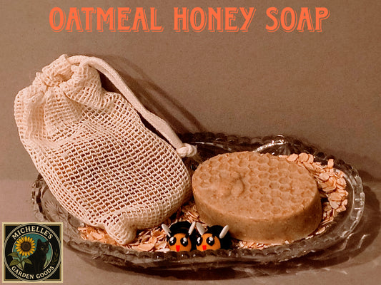 Oatmeal and Honey Soap Bars 
Ingredients: Shea Butter, Honey, Steel Cut crushed Oatmeal. Oatmeal Fragrance. 
Great Moisturizer, Exfoliating and Cleansing Bar. 
Comes with a Loofah Soap Bag 
Dimensions H 1" x L 3.5" x W 2.25". Weight 2.75 Oz