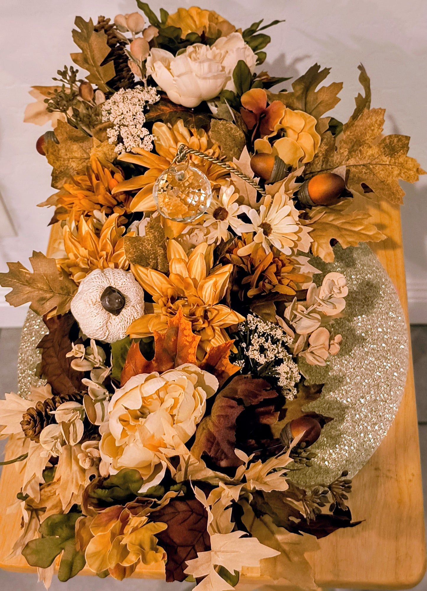 Thanksgiving Floral Centerpiece Arrangement with a Beautiful Crystal in the Center