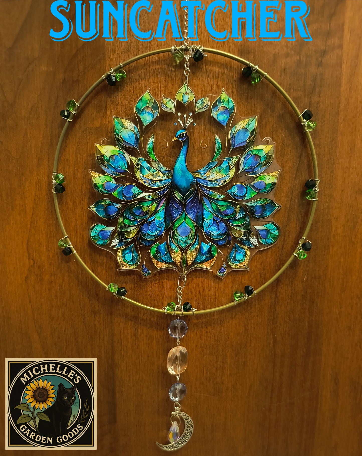 This beautiful Peacock Suncatcher spins in the middle with Crystal Beads.&nbsp;

This Peacock Suncatcher 2D Acrylic With Crystal and Glass Beads. This Suncatcher will make The Room Explode in Prism Lights with it's Crystal Beads. Great for the Home or office Window or in the Garden.

Dimensions 12" x 8" x 2 mm. Weight 3.25 Oz.