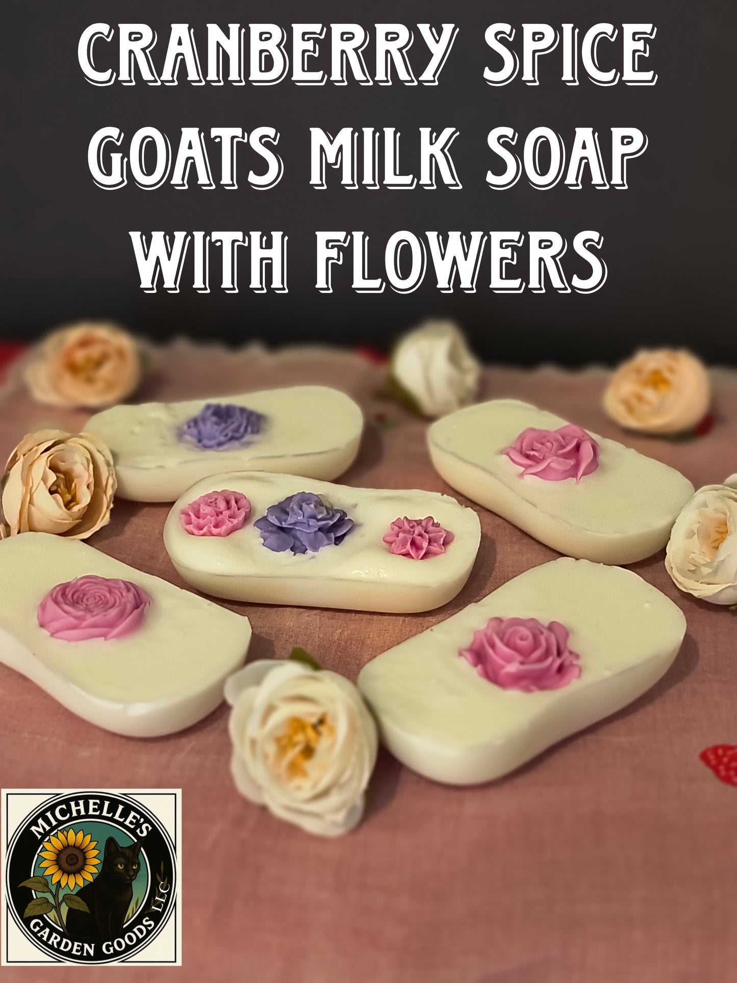 Cranberry Spice Goats Milk Soap Bars With Flowers&nbsp;

Ingredients:

Goats Milk Soap Base, Snapdragon Almond Oil, Vitamin E, Mica Powder and Cranberry Spice Fragrance.&nbsp;

All soap bars come with a Loofah Soap Bag

2.70 Oz.