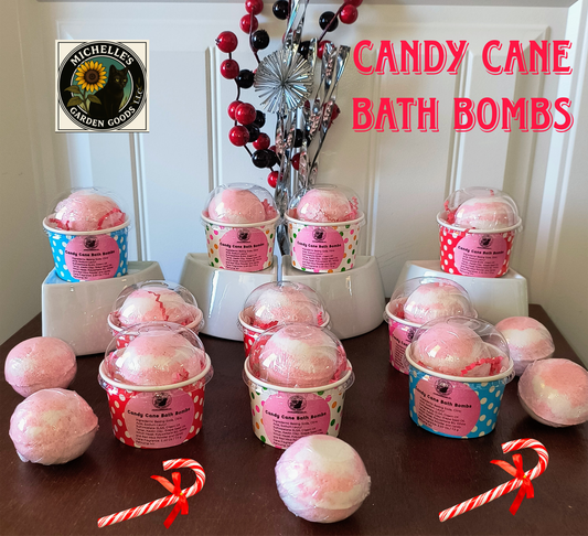 Candy Cane Bath Bombs are great for Adults and children. 

These will last for the whole bath. The scent is amazing. 

Ingredients: Baking Soda, Citric Acid, Sodium Lauryl Sulfoacetate-SLSA, Cream Of Tartar, Kaolin Clay, Grape Seed Oil, Witch Hazel, Polysorbate 80, White and Red Mica Powder and Candy Cane Fragrance. 2.60 Oz / 73 g
Pahrump NV