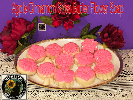 Ingredients: Shea Butter Soap Base, Infused Chamomile Flowers In Grapeseed Oil, Vitamin E Oil, Red and Gold Mica Powder, Apple Cinnamon Scent.

Very Moisturizing and Cleansing and mild to use. Comes with a Loofah Soap Bag.

Dimensions H 1.25" x L 2.75" x 2.75". Weight 3.50 oz.