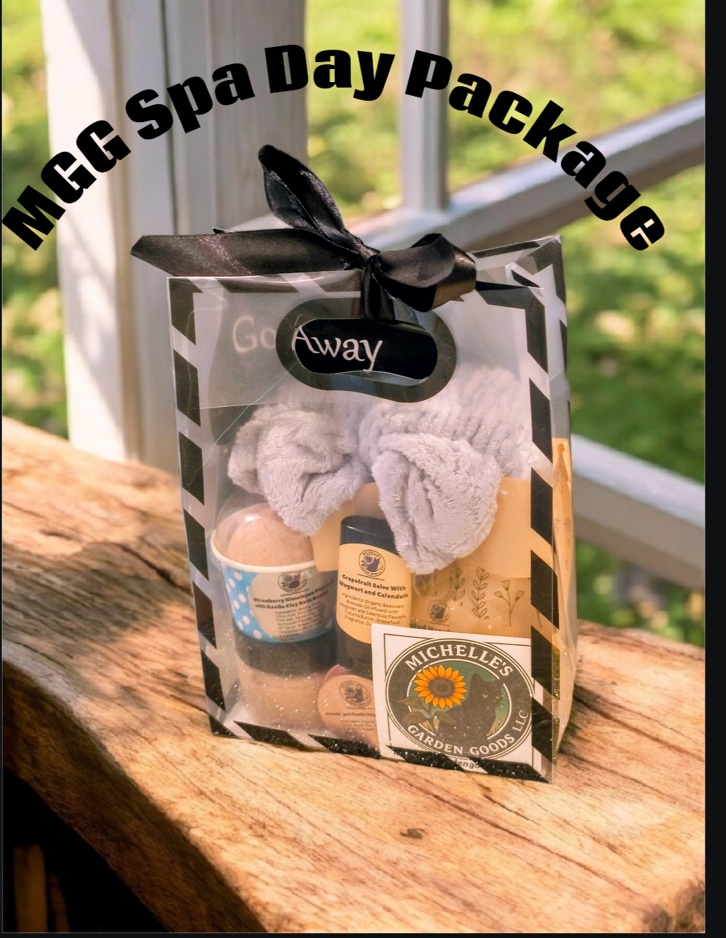 Michelle's Garden Goods Spa Day Package is a beautiful combination of all our skin care products all bundled up in a beautiful package ready to give out as gifts for family and friends for the Holiday Season.

Try a little bit of all of our Skin Care Products in one Glorious Bag. Relax and get ready for a wonderful experience of rejuvenating your skin with all these wonderful products.

Start with a great Soap bar to rinse day away. Use our Shampoo bar to give your hair a beautiful shine. Try ou