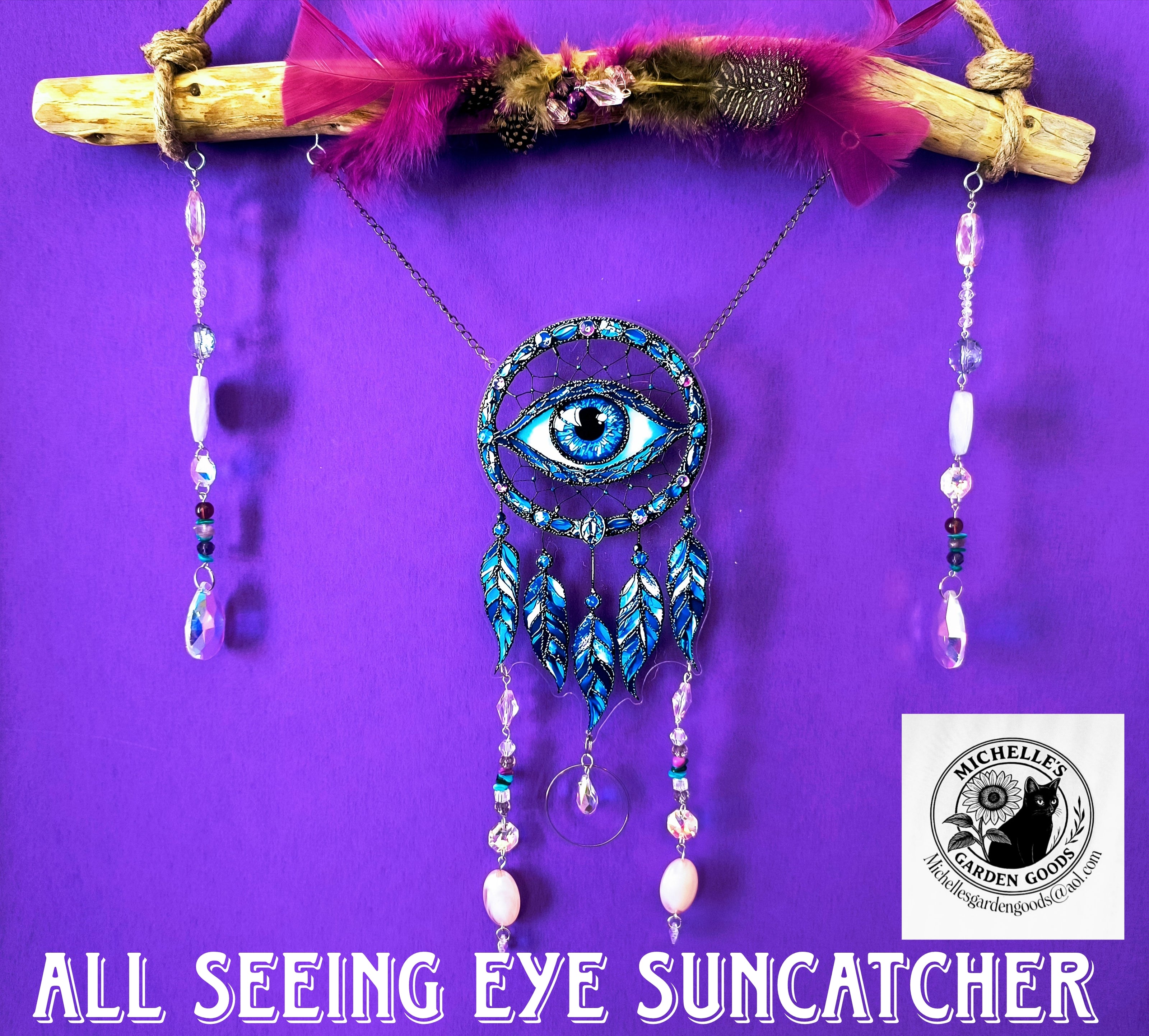 The All-Seeing Eye Suncatcher on a beautiful thick branch.&nbsp;

Decorated in feathers and mini crystal beads

This beautiful piece has a wooden branch holding the piece together. With a mystical top part of of Pink Feathers to give the Mystic feel. The gorgeous display of prism lights from the Crystal beads is spellbound.




Dimensions 18" x 16" x 1". Weight 13 Oz.