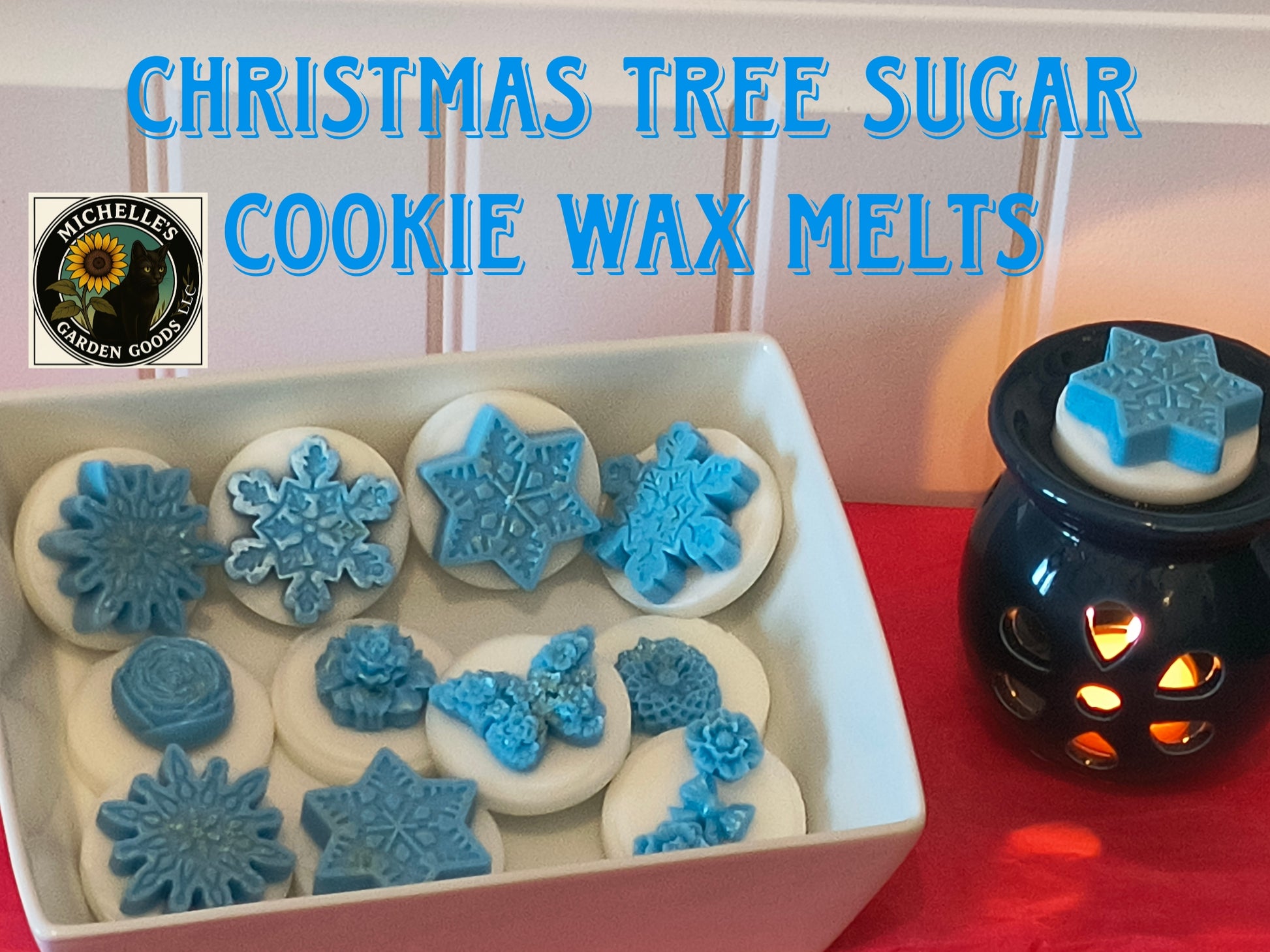 These wax melts are fantastic for the Holidays. 

The smell just brings Christmas that much closer

 Ingredients: Palm Paraffin Wax, White and Blue Mica Powder, Christmas Tree and Sugar Cookie Fragrance. 2 Oz

Warning: To prevent fire and serious injury: burn candle wax within sight. Keep away from drafts and vibrations. Keep out of reach of small children and pets. Never burn candle wax on or near anything that can catch fire. 

Only use in a Wax Melt Warmer. 