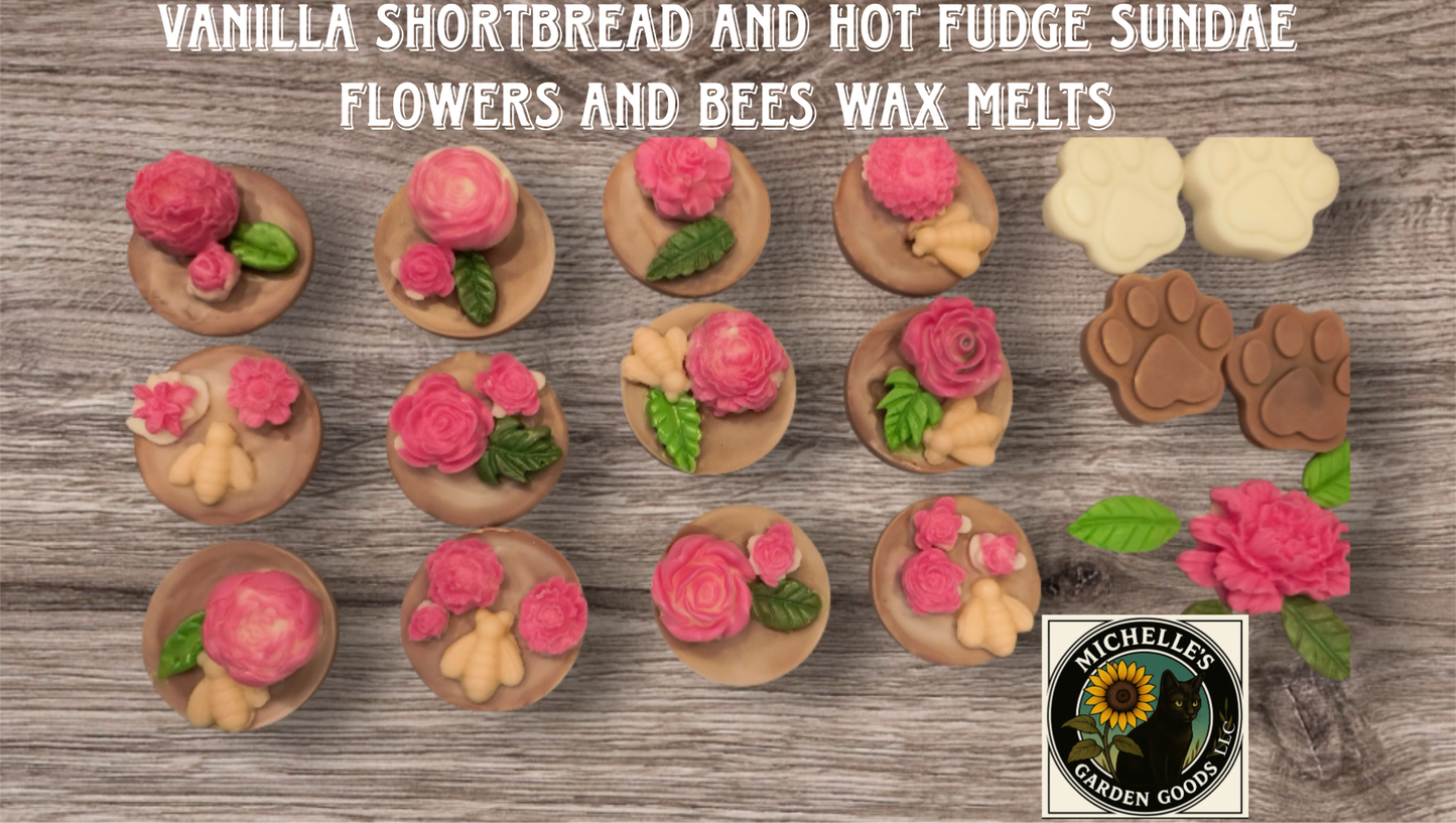 Vanilla Shortbread and Hot Fudge Sundae Flowers and Bees Wax Melts

Ingredients: Palm Paraffin Wax, Goden Yellow, Green, White, Pink Mica Powder, Vanilla Shortbread and Hot Fudge Sundae Fragrance.

1.50 to 1.15 Oz

Warning: To prevent fire and serious injury: burn candle wax within sight. Keep away from drafts and vibrations. Keep out of reach of small children and pets. Never burn candle wax on or near anything that can catch fire.

Only use in a Wax Melt Warmer.