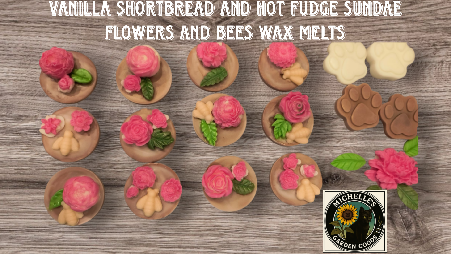 Vanilla Shortbread and Hot Fudge Sundae Flowers and Bees Wax Melts

Ingredients: Palm Paraffin Wax, Goden Yellow, Green, White, Pink Mica Powder, Vanilla Shortbread and Hot Fudge Sundae Fragrance.

1.50 to 1.15 Oz

Warning: To prevent fire and serious injury: burn candle wax within sight. Keep away from drafts and vibrations. Keep out of reach of small children and pets. Never burn candle wax on or near anything that can catch fire.

Only use in a Wax Melt Warmer.