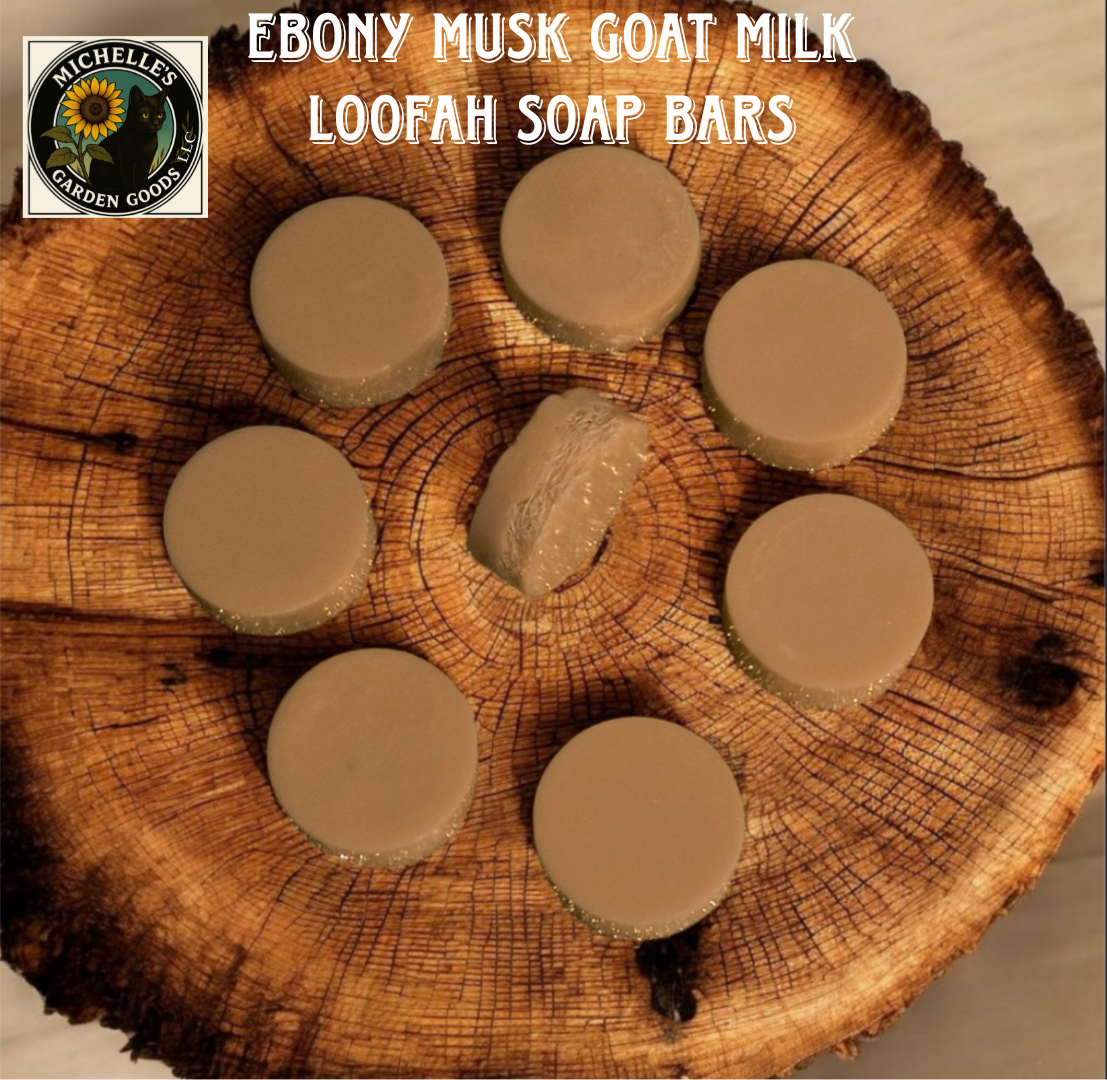 These Ebony Musk Loofah Soap Bars are great for the man in your life. Cleansing and Exfoliating with a wonderful Musk scent.

Ingredients: Goat Milk Soap Base, Avocado Oil infused with Calendula and Mugwort, Ebony Musk Fragrance and Gold Mica Powder.

1.70 Oz