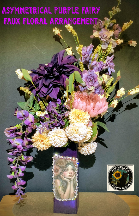 Asymmetrical Purple Fairy Faux Floral Arrangement With Rhinestones in a Glass Vase