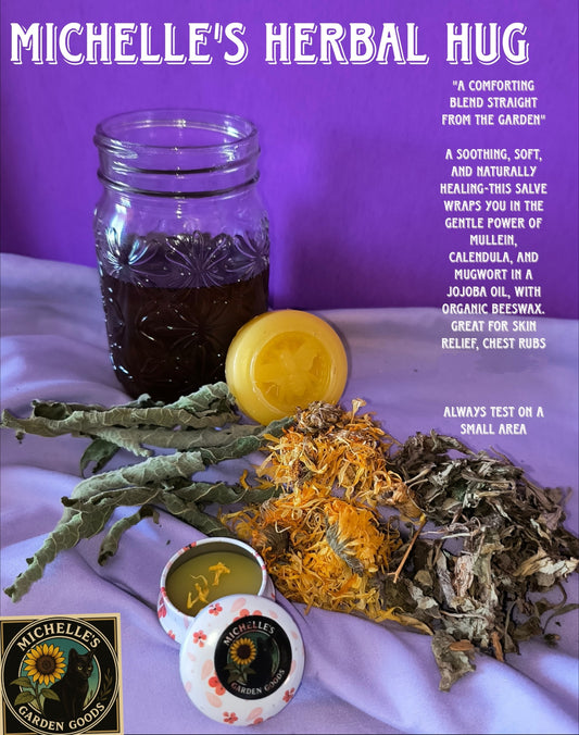 Ingredients: Infused Verbascum Mullein Leaves, Mugwort, and Calendula Flowers in Jojoba Oil. 
Great For Moisturizing, Soothing on the Skin.
Dimensions H 1.5" x L 1.5" x W 1". Weight O.75 Oz.