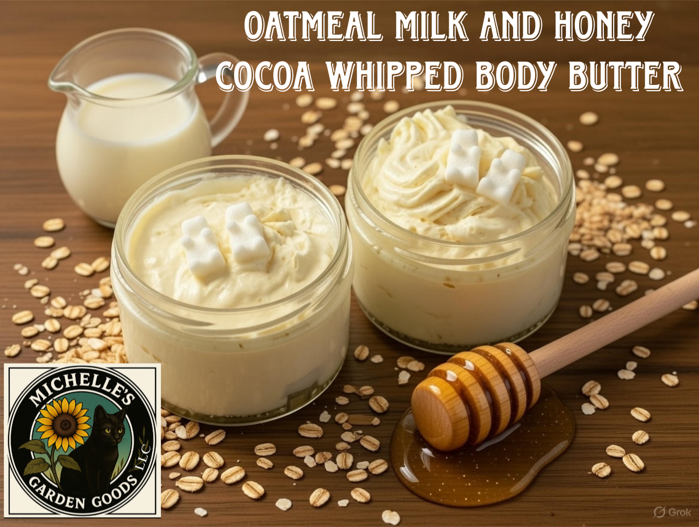 Ingredients: Cocoa Butter, Cupuacu Butter, Jojoba Oil, BTMS-50, C12-15 Alkyl Benzoate, Kaolin Clay, Arrowroot Powder, Polysorbate 80, Oatmeal Milk and Honey Fragrance and Golden Yellow Mica Powder. 3.6 Oz