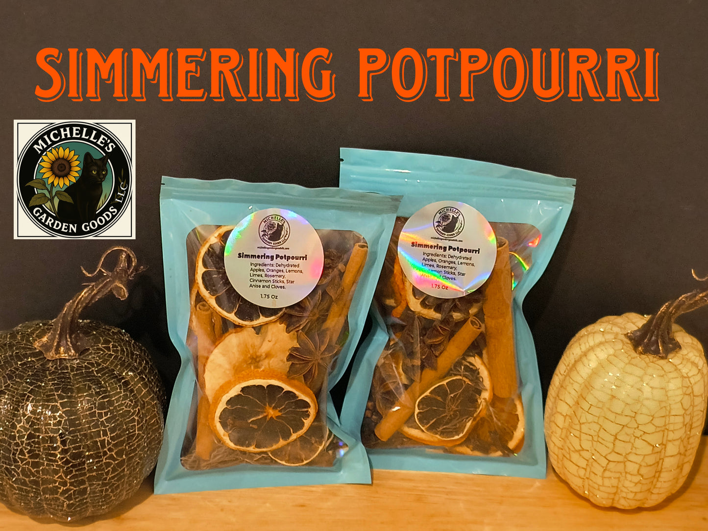 Ingredients: Dehydrated Apples, Oranges, Lemons, Limes, Rosemary, Cinnamon Sticks, Star Anise and Cloves.

1.75 Oz

Directions: Add ingredients in the bag to a crockpot or pot on the stove. Cover with water, enough to cover the ingredients, roughly 3/4 of the way full. Bring to a boil uncovered, then reduce heat and simmer. Maintain water level, check frequently as the water evaporates.

Enjoy the wonderful holiday scent throughout the day.