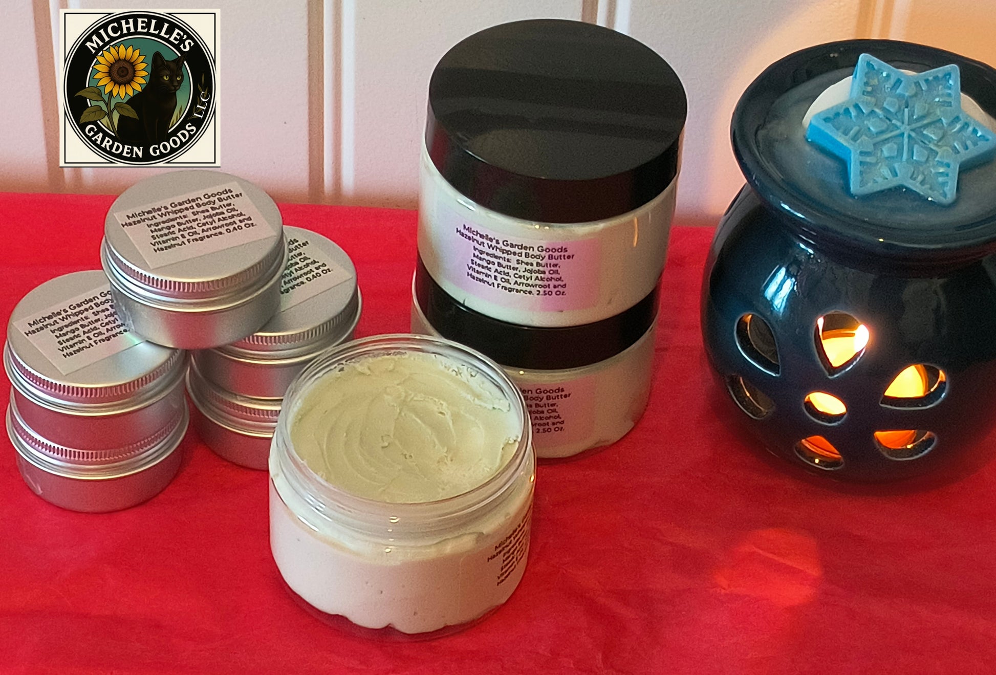 Caramel Latte Hazelnut Butter Cream is more of a solid cream. 

With the extra ingredients of Plant based Stearic Acid and Cetyl Alcohol is gives this more of a creamy silky feeling. When you put it on it will seem greasy but it will immediately sink into your skin making it feel fantastic without the greasy feeling. 

Ingredients:

Shea Butter, Mango Butter, Jojoba Oil, Stearic Acid, Cetyl Alcohol, Vitamin E Oil, Hazelnut Fragrance. 0.40 Oz or bigger version of 2.50 Oz